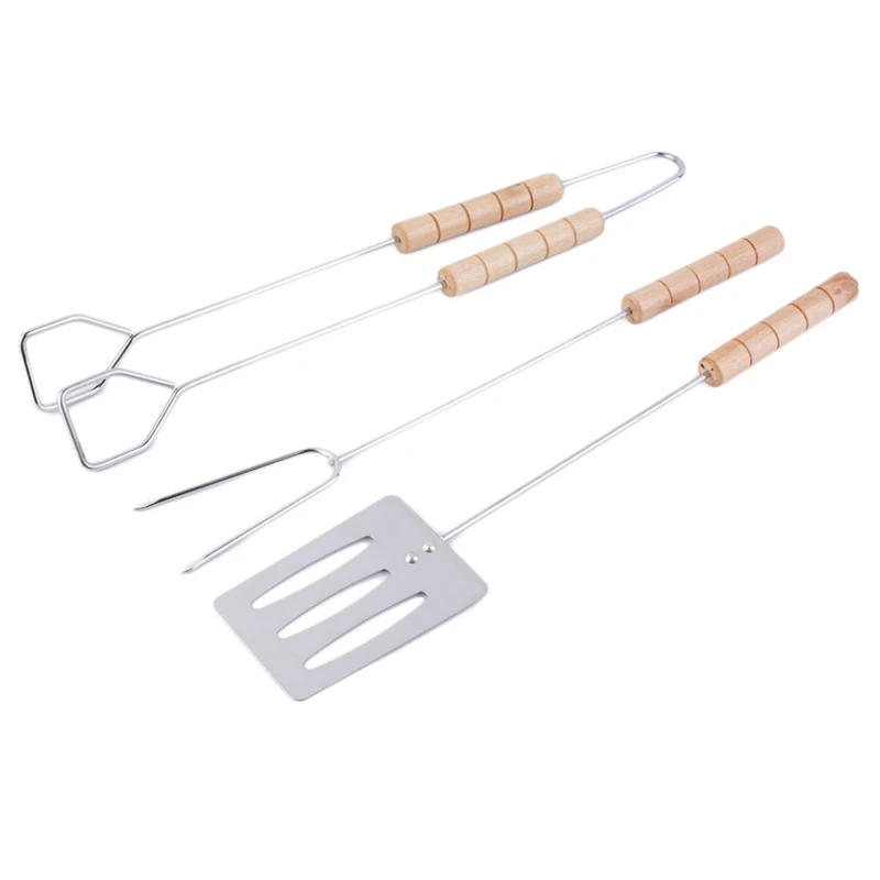

3Pcs Stainless Steel Barbecue Fork Tongs Skewer Sets Bbq Roasting Grilling Tool Spatula Roasting Shovel Tongs Set