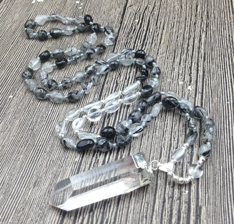 

YA3025 Rough Quartz Pendant Black Rutilated Quartz Nuggets Beads Knot Necklace