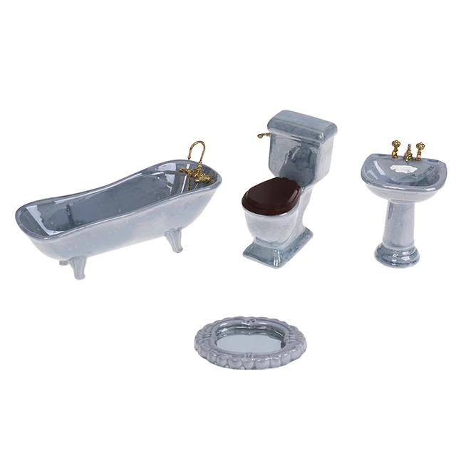 Sarini Juego De Baño Para Casa De Muñecas – Set De 8 Piezas En Miniatura Con Inodoro, Bañera, Lavabo Y Accesorios De Madera, Escala 1:12, Ideal Para Regalar