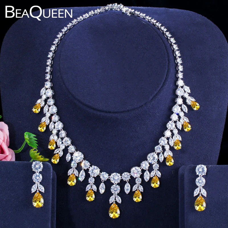 BeaQueen Luxurious African Cubic Zirconia Beads Jewelry Set Nigerian Wedding Yellow Bridal Jewellery Sets For Women JS091 | Украшения и