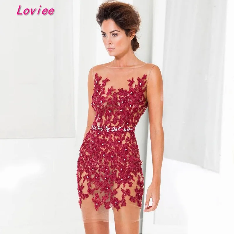 Sexy Burgundy Short Lace Cocktail Dresses 2017 White Beaded Women's Evening Party Dresses Formal Dress Online Customized