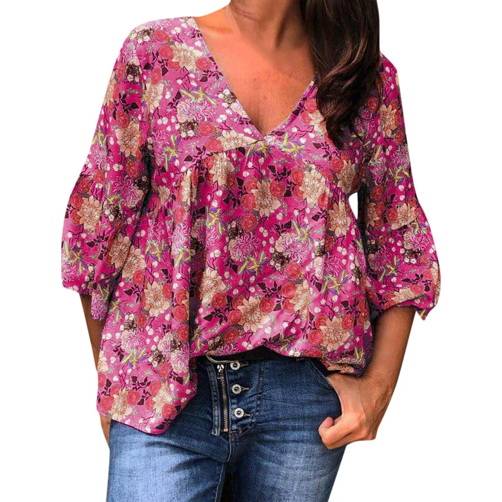 

CHAMSGEND Women Blouses 2019 Summer Casual Half Sleeve V Neck Printed Blouse Fashion Plus Size Loose Tops Blouse Jn25