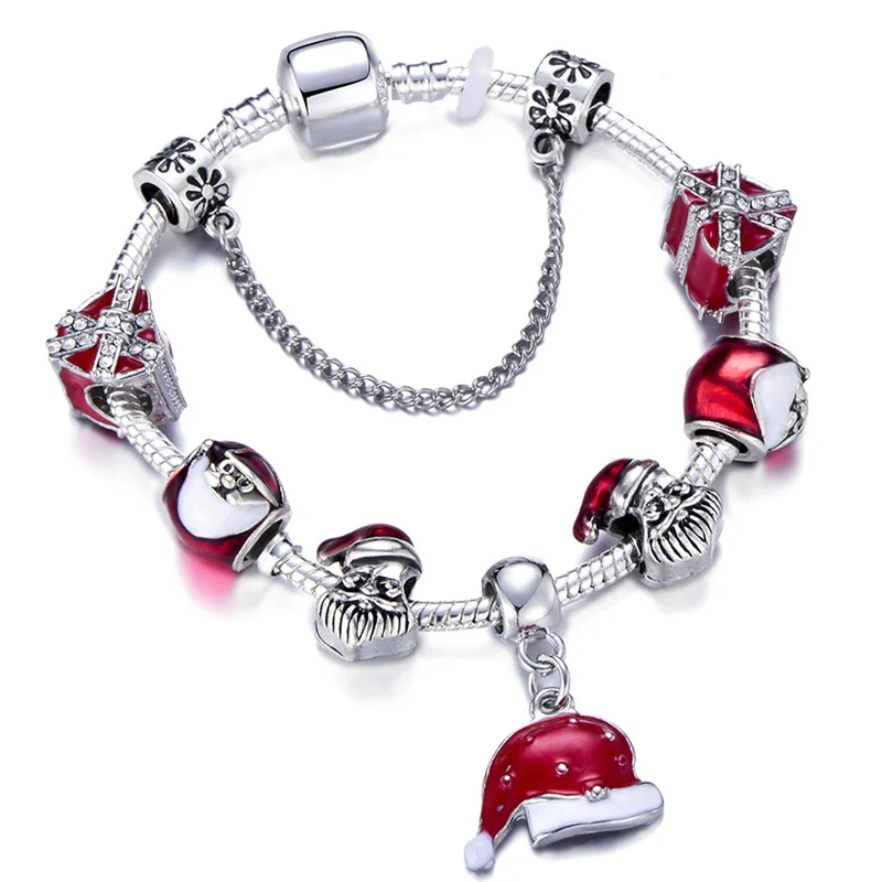 

Hot Sale Silver Color Charm Bracelet With Lovely Santa Claus Pendant & Beads Brand Bracelet For Women Christmas Jewelry Gift
