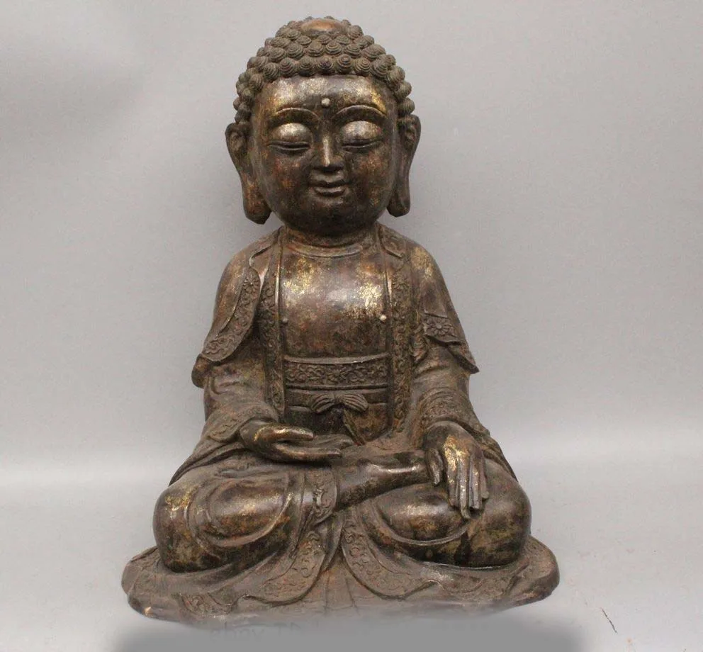 

16" China Tibetan Buddhism Bronze Gild Sakyamuni Shakyamuni Amitabha Buddha Stat
