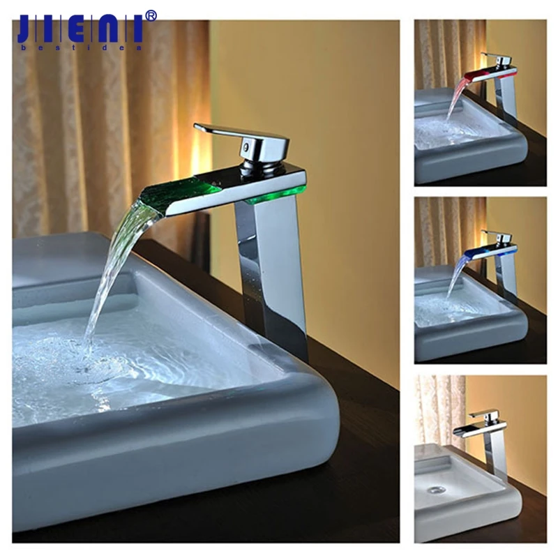 Chrome Solid Brass LED Tall Waterfall Bathroom Basin Faucet Water Tap