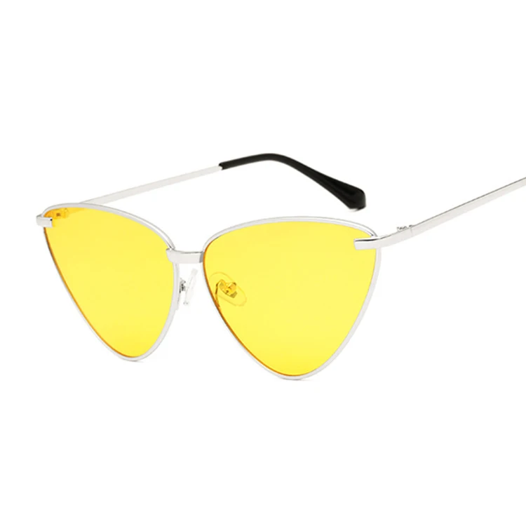 Солнцезащитные очки кошачий глаз, Женские винтажные брендовые дизайнерские розовые золотистые фиолетовые зеркальные металлические светоотражающие солнцезащитные очки с плоскими линзами, женские солнцезащитные очки - Цвет линз: SilverYellow