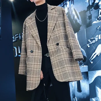 

2018 Korean Men's Fashion Lattice Woolen Blend Casual Loose Jacket Grey/Blue Mid-Length Windbreaker Cashmere Long Coat M-2XL