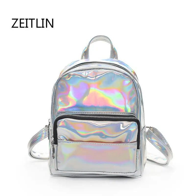 

New women hologram backpack laser daypacks female silver pu leather holographic bags big girl school bag T1560
