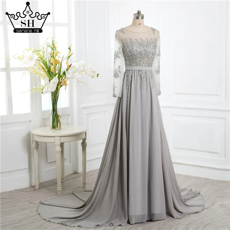 Grey Beading Crystal Formal Long Sleeve back cover elegant