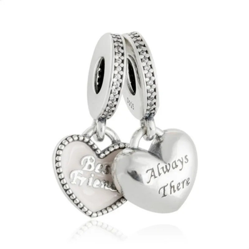 

2018 Autumn New 925 Sterling Silver Pink Enamel Heart Always There Best Friends Pendant Charm Beads Fit Brand Bracelet DIY