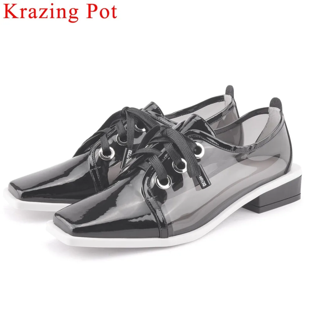 

New cow leather transparent PVC material lace up British school square toe low heels dating casual shoes Spring brand pumps L18