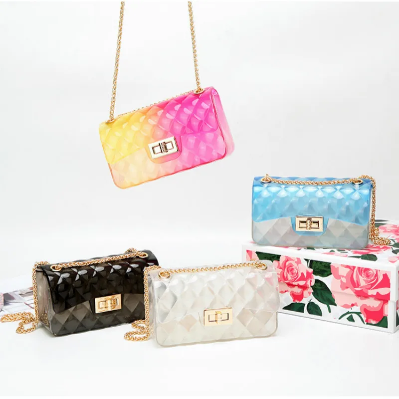 

2019 Trend Women Bag Colorful Mini Transparent Chain Jelly Bag PVC Candy Color Gradient Shoulder bag Fashion Ladies Tote bags