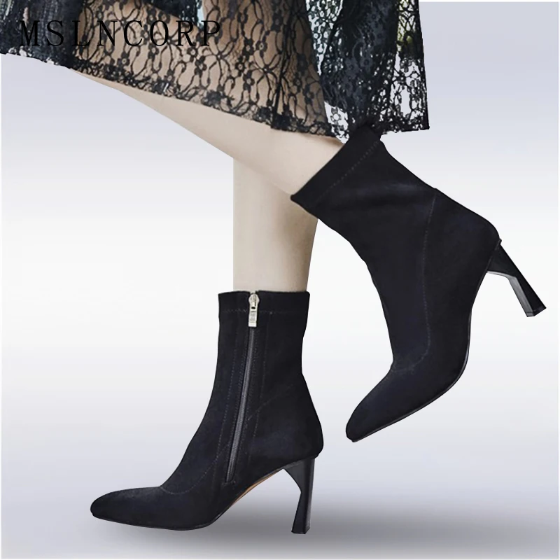 

Plus Size 34-43 Women Pointed Toe Faux Suede Elastic Boots High Heel Ankle Boots Woman Pumps Stiletto Botas Zipper Ladies Shoes