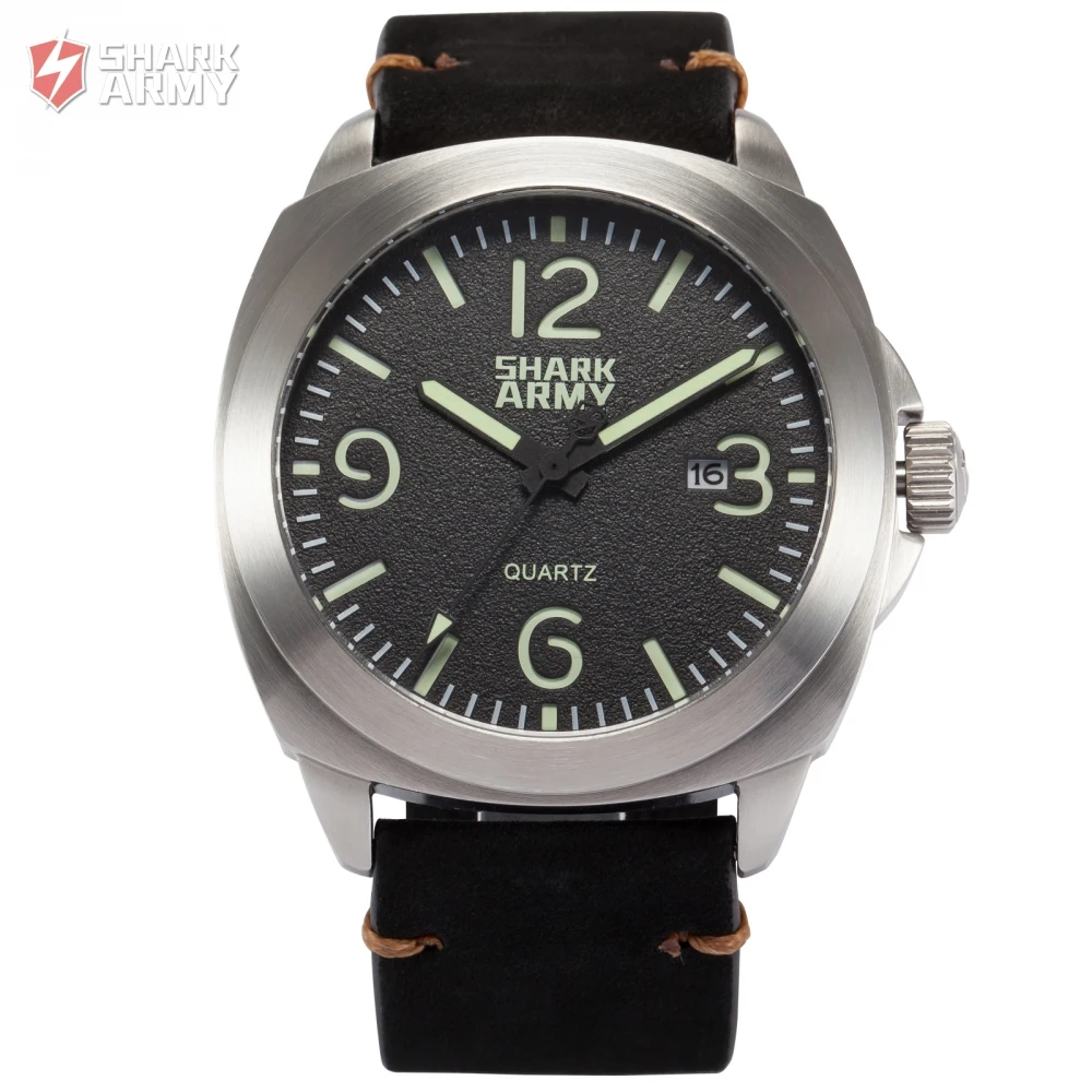 

SHARK ARMY Men Relogio Luminous Analog 100m Waterproof Stainless Steel Black Leather Band +Iron Box Outdoor Sports Watch /SAW185