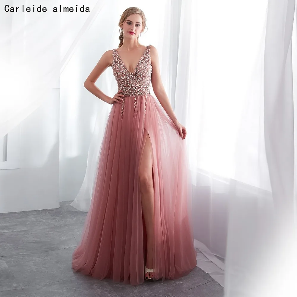 

A-Line Tulle V-Neck Sexy Prom Dresses Long 2019 with Beads Bodice Evening Party Dress In Stock Women Gala dresses
