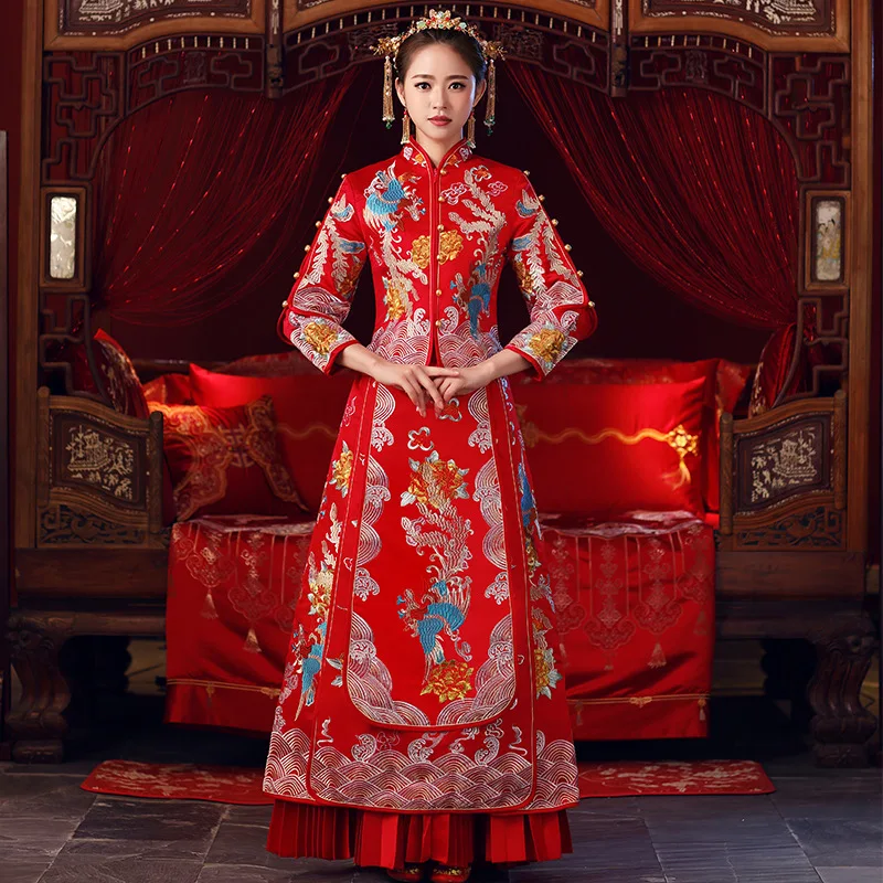 Красный особенный Мода китайский невесты свадебное платье Золотой cheongsam вышивка Женский Золотой демисезонный Qipao Плюс размеры