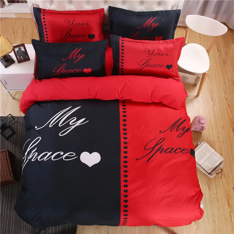 

Couple's Bedding Set (Duvet Cover Sheet Pillowcase) Cotton Polyester My Your Space Valentines Engagement Present Black & Red