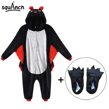 Women Onesie Bat Kigurumis Cartoon Animal Pajama Adult Overalls Winter Sleep Suit Flannel Warm Soft Jumpsuit With Black Slippers women kigurumis pajama onesie pink pig funny sleepwear adult party suit flannel overalls cartoon homewear unisex costume