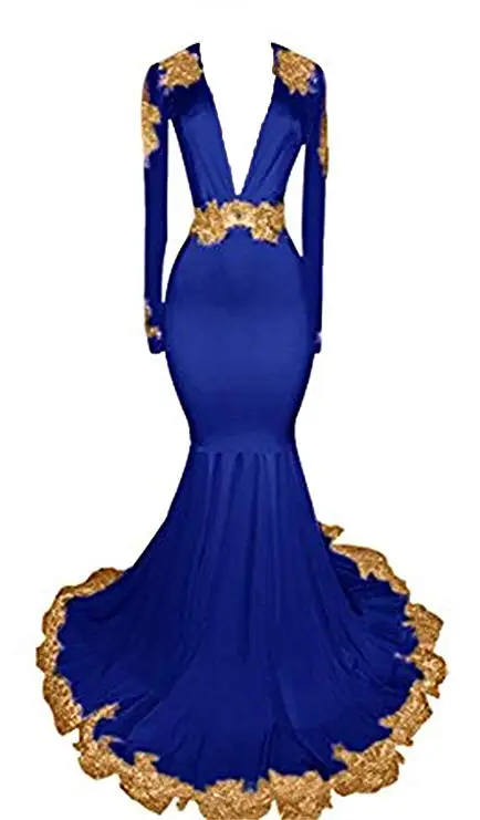 

Women's Mermaid Deep V-Neck Prom Dress With Gold Appliques 2019 Long Sleeve Backless Evening Dresses