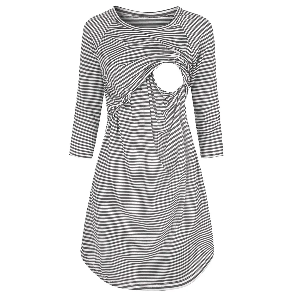 Home suit Women's Maternity Night Dress 3/4 Sleeve Striped Nursing Breastfeeding Cotton Sleepwear Dress Nightgown Home Wear#g4