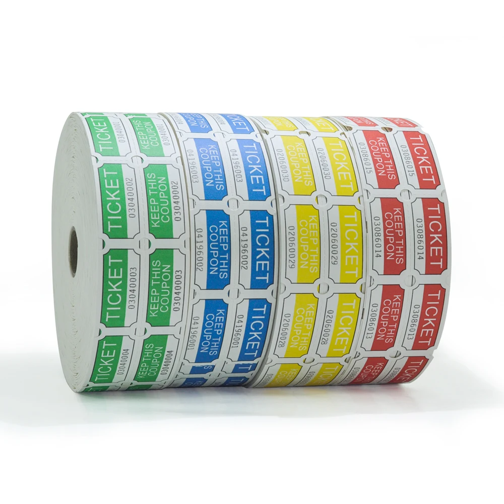 

Consecutively Numbered Double Raffle Tickets - (4 Rolls of 2000 Double Tickets) 8,000 Total 50/50 (Blue/Green/Red/Yellow)