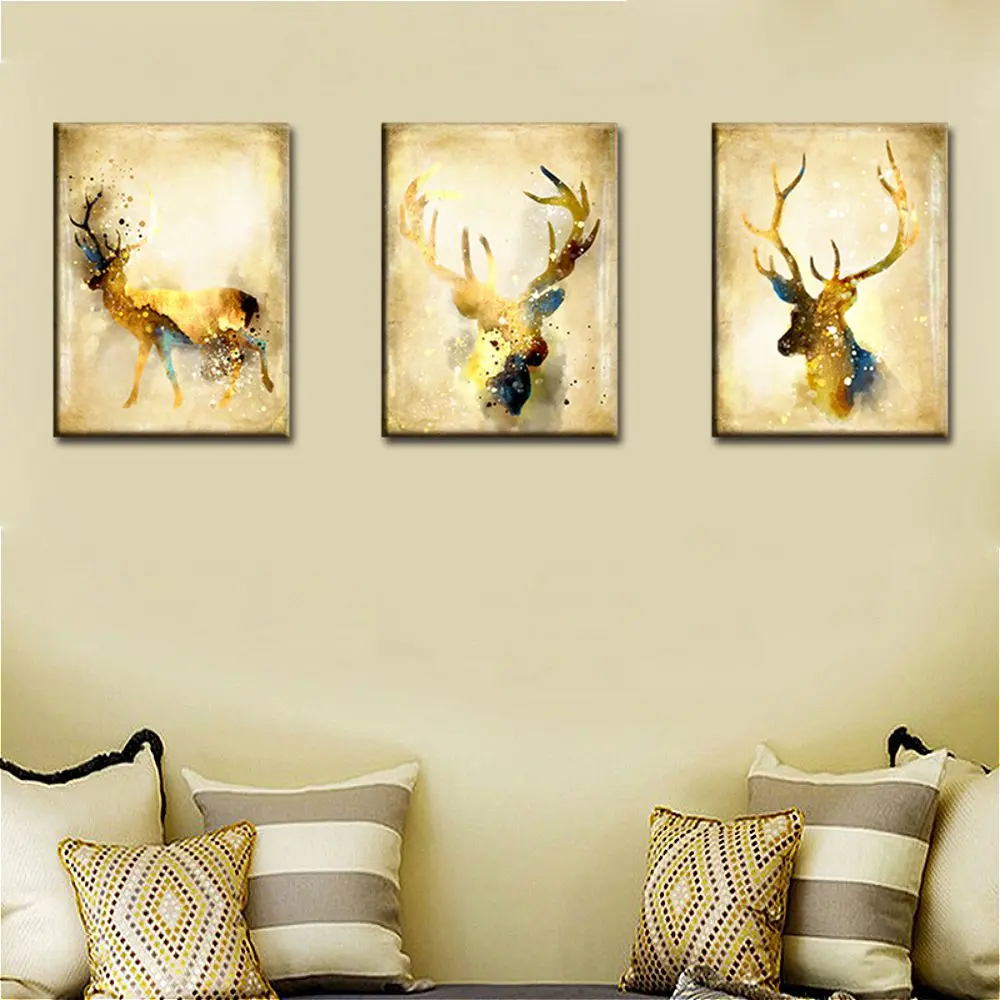 Pure Hand piantedGolden Deer Animal Wall Art Canvas Painting for Living