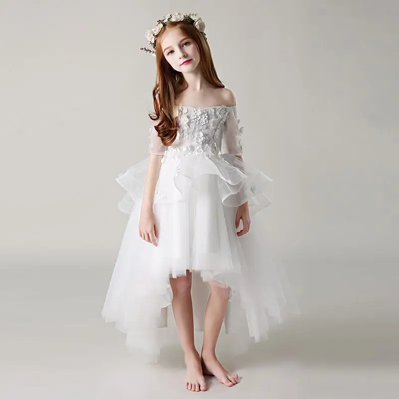 

2019 Kids Girl Lace Tulle Trailing Dress Teen Girl Pearls Princess Birthday Party Dress Children First Communion Prom Gown Q760