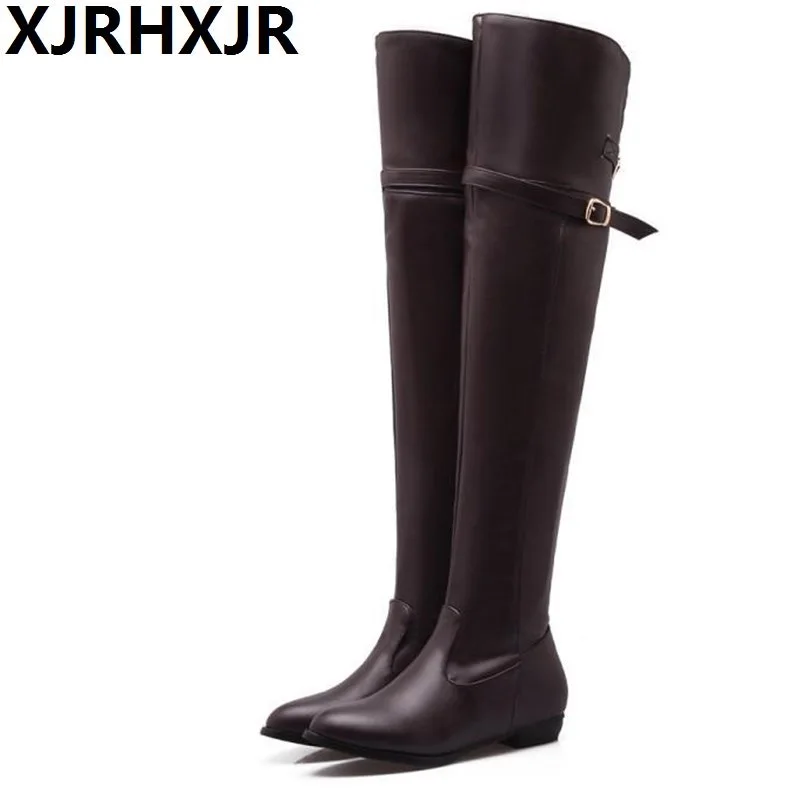 

XJRHXJR Brand Plus Size 34-43 Pu Women Over The Knee Boots Round Toe Footwear Flat Heels Female Boot Zip Shoes Woman 2018 Winter