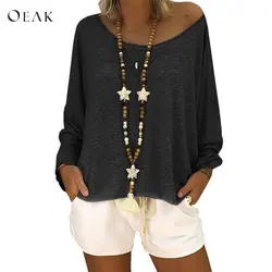 OEAK 2018 Женская мода Повседневная футболка Женская однотонная с круглым вырезом с длинным рукавом Свободная футболка Топы осень плюс размер