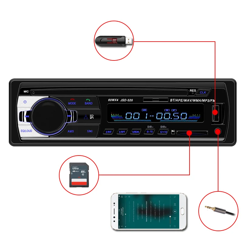 Радио автомобиля 1 Din JSD 520 Авто стерео Bluetooth аудио Mp3 Регистраторы Usb Sd Aux Вход ото