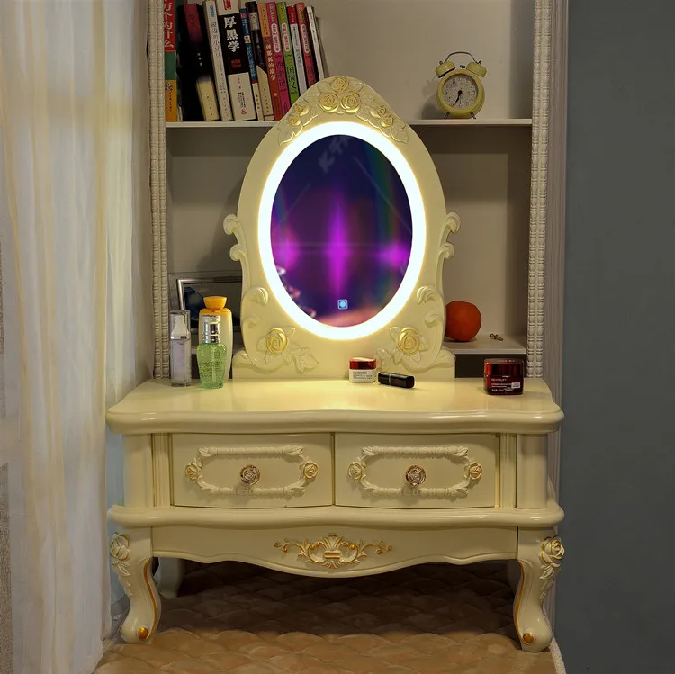 

Bay window dressing table multi-function mini net red small bedroom dressing table Nordic smart touch lamp makeup table