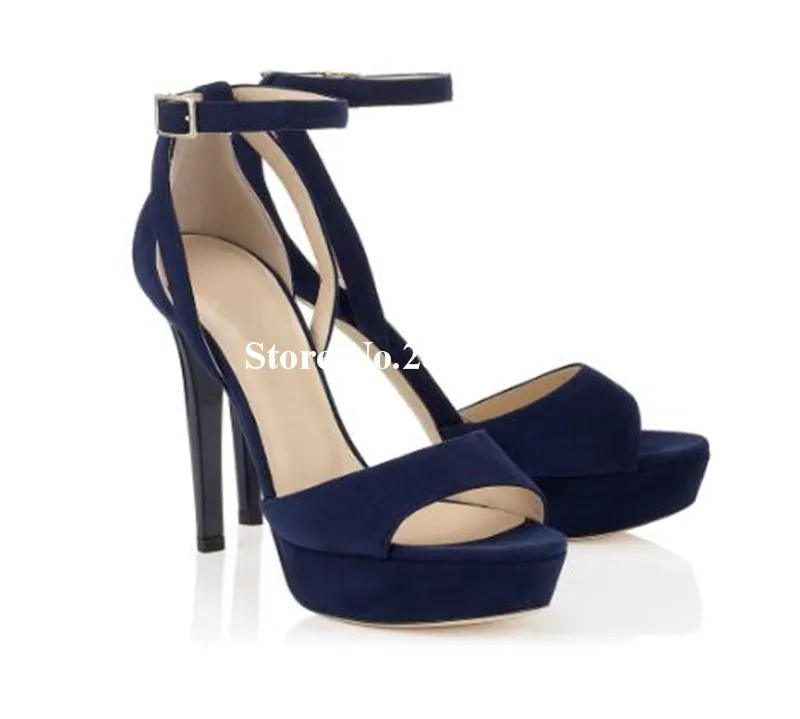 

Navy Brown Women Sandals Buckle Strap Platform Stiletto Heels Open Toe Cover Heel Solid Buckle Strap Lady Fashion Dress Shoes