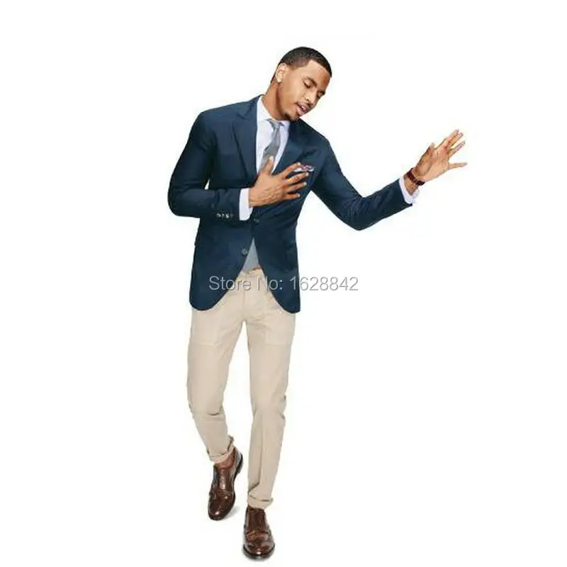 Navy Blue Blazer+Khaki Pants Men Suit 