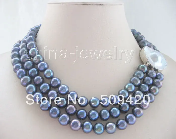 

FREE SHIPPING>>@> HOT >>17-19" 3row 11mm black round freshwater pearl necklace