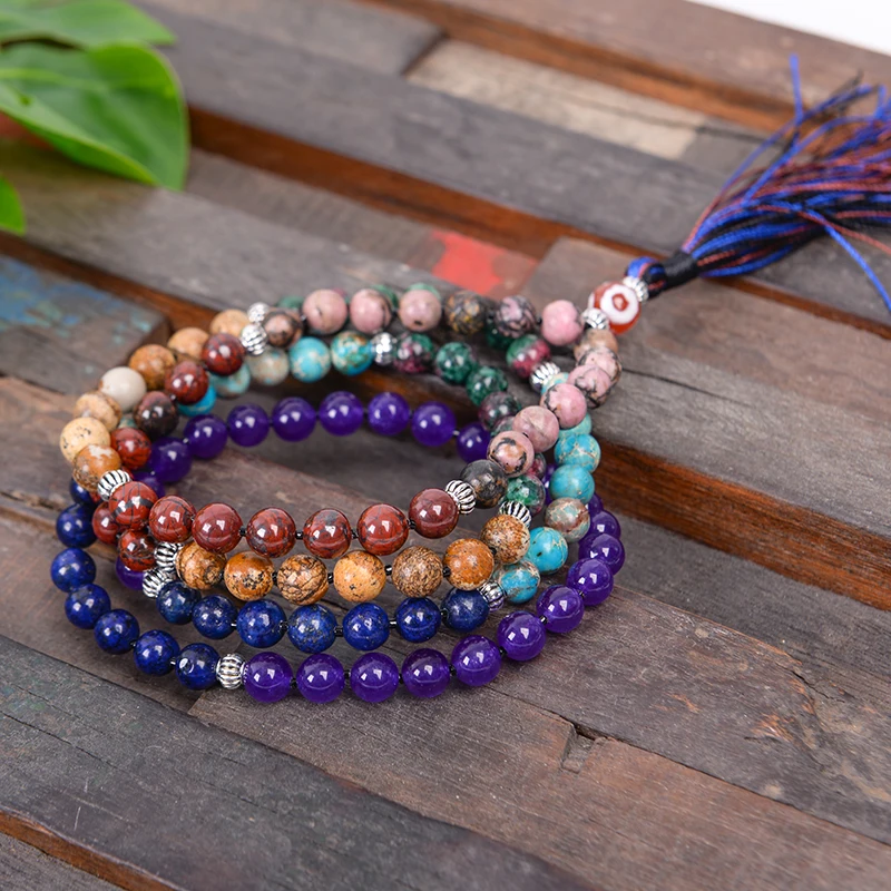 7 Chakra Mala Unique 8MM Natural Stone Long Tassel Necklace Women Meditation Necklace Knotted Bead Yoga Jewelry