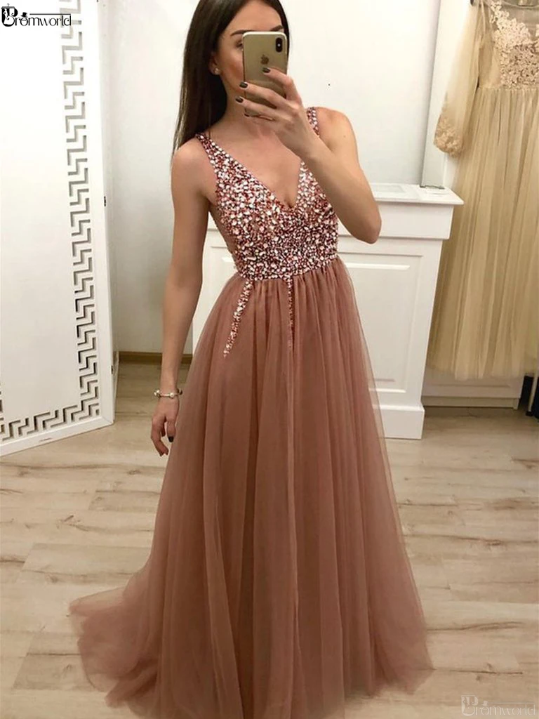 

Champagne Prom Dress Long Evening Gowns A Line V Neck Cross Back Sequins Beaded Tulle Sexy Evening Dresses robe soiree dubai
