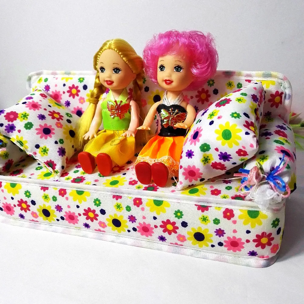 5 PCS Cute Dollhouse Furniture Flower Cloth Sofa Couch With 2 Cushions