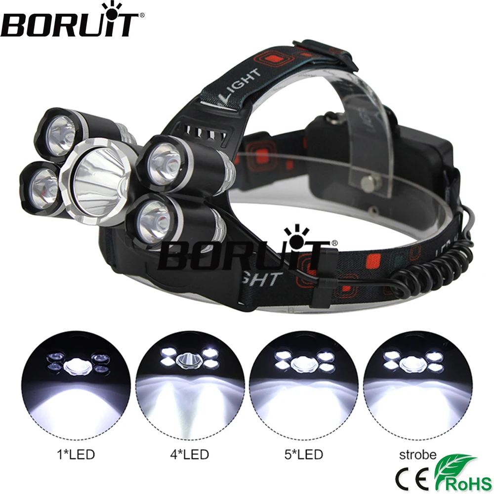 BORUiT 5000LM XML T6/XPE 5 LED Headlight 4-Mode Headlamp Waterproof Head Torch Camping Hunting Flashlight by 18650 Battery BORUiT 5000LM XML T6/XPE 5 LED Headlight 4-Mode Headlamp Waterproof Head Torch Camping Hunting Flashlight by 18650 Battery