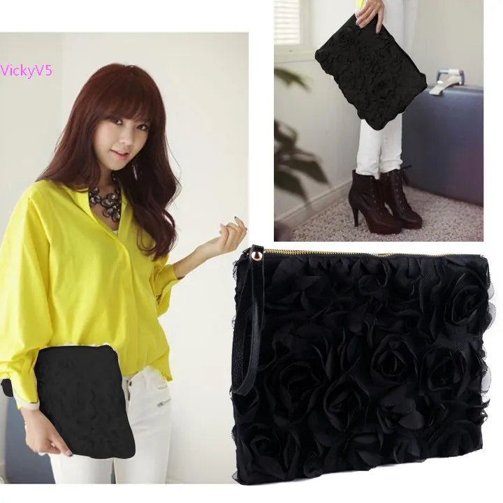 

2014 Casual Black Korea Stylish Women's Lace Rose Pattern Clutch Handbag 50