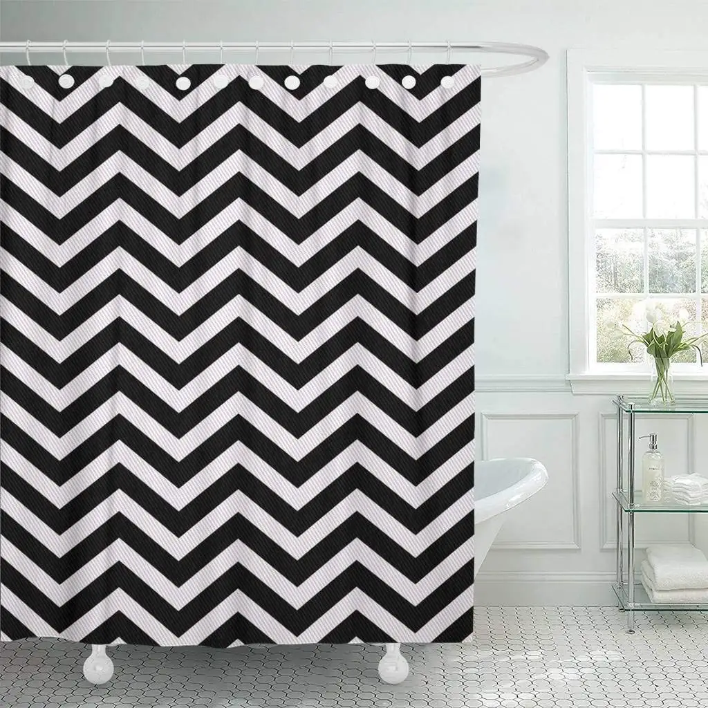 

Shower Curtain with Hooks Herringbone Black and White Zigzag That is and Repeats Chevron Retro Abstract Chic Flat Bathroom