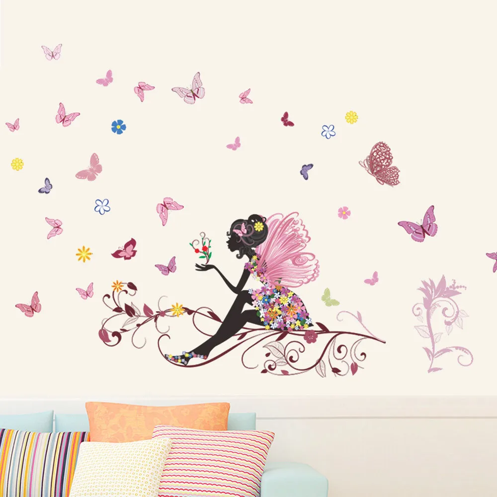 

2018 New Butterfly Flower Fairy Wall Stickers Living Room Bedroom Wall Decor Home Decoration Stiker 2.5#5$
