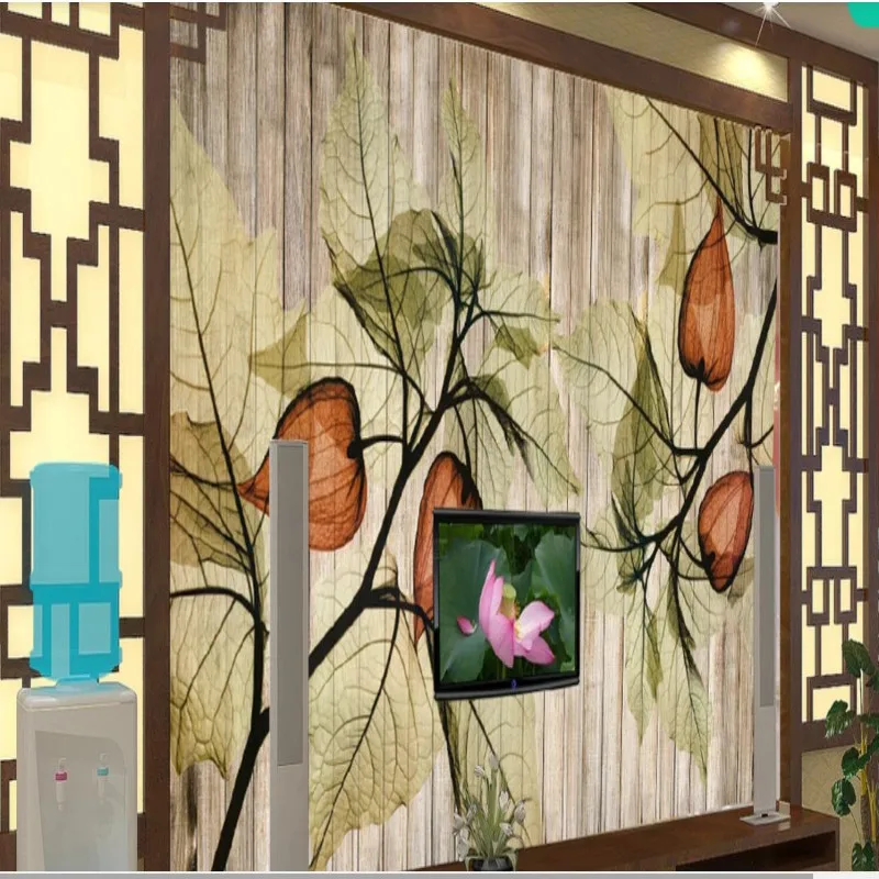 

European and American style retro transparent floral wooden board TV background wall