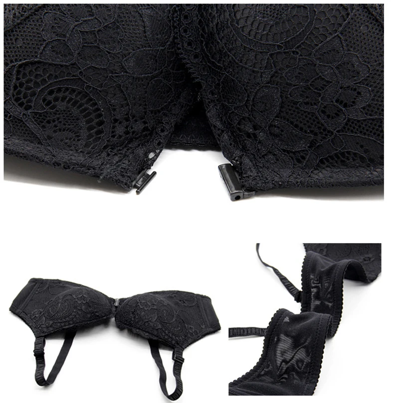 Queenral Sexy Lace Bra Set Lingerie Push Up Wire Free Underwear Set Women Front Closure  Plus Size Bra Brief Sets 34B Spandex   4