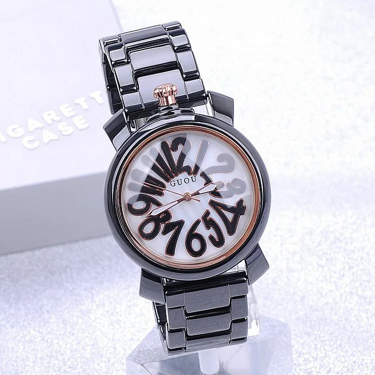 2016 Luxury HK Brand GUOU High Quality Genuine Ceramic Digital Large Dial Fashion Black Ladies Woman