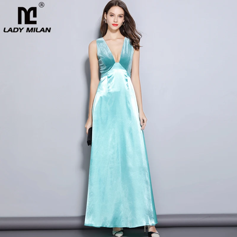 

2019 Women's Sexy Low V Neck Sleeveless Velour Patchwork Fashion Long Party Prom Elegant Runway Dresses