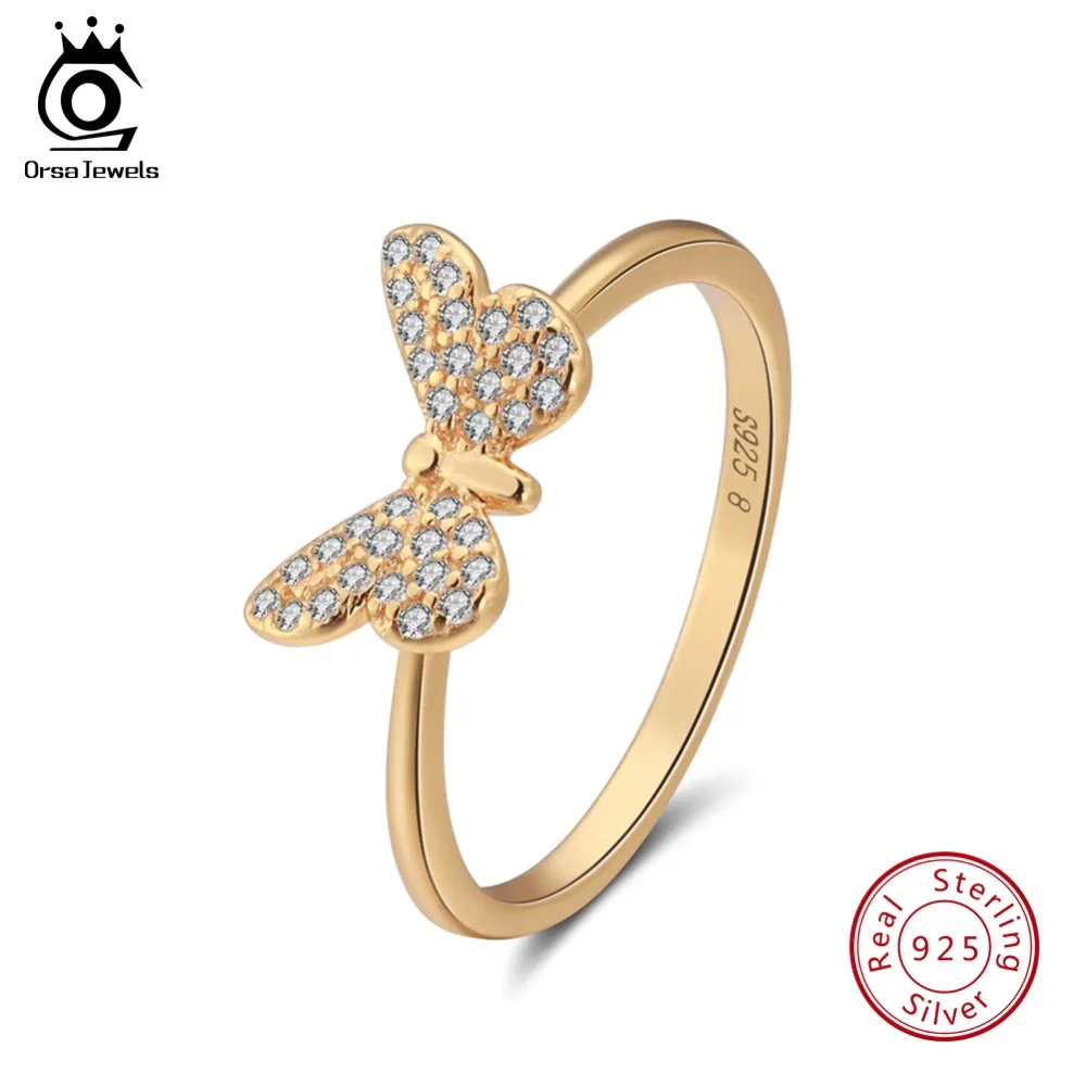 

ORSA JEWELS Real 925 Sterling Silver Women Rings Butterfly Shape Gold-color AAA Cubic Zircon Fashion Ring Party Jewelry SR59-G