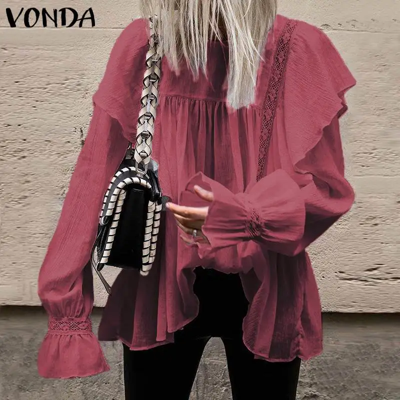 Женские хлопковые блузки VONDA белые повседневные свободные с круглым вырезом