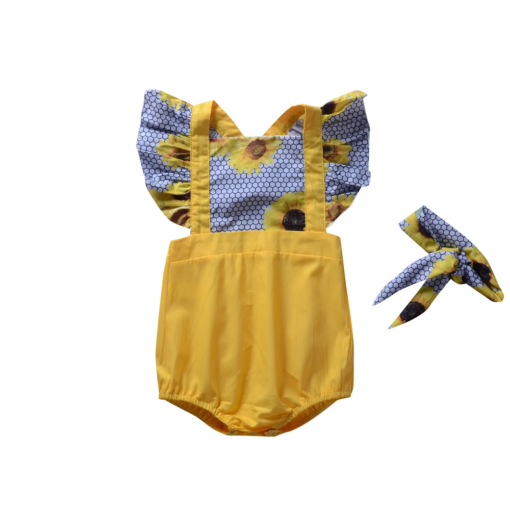 Одежда для новорожденных девочек на подтяжках Цветочные Ползунки с расклешенными рукавами подсолнечника комбинезон оголовье Bebe детская