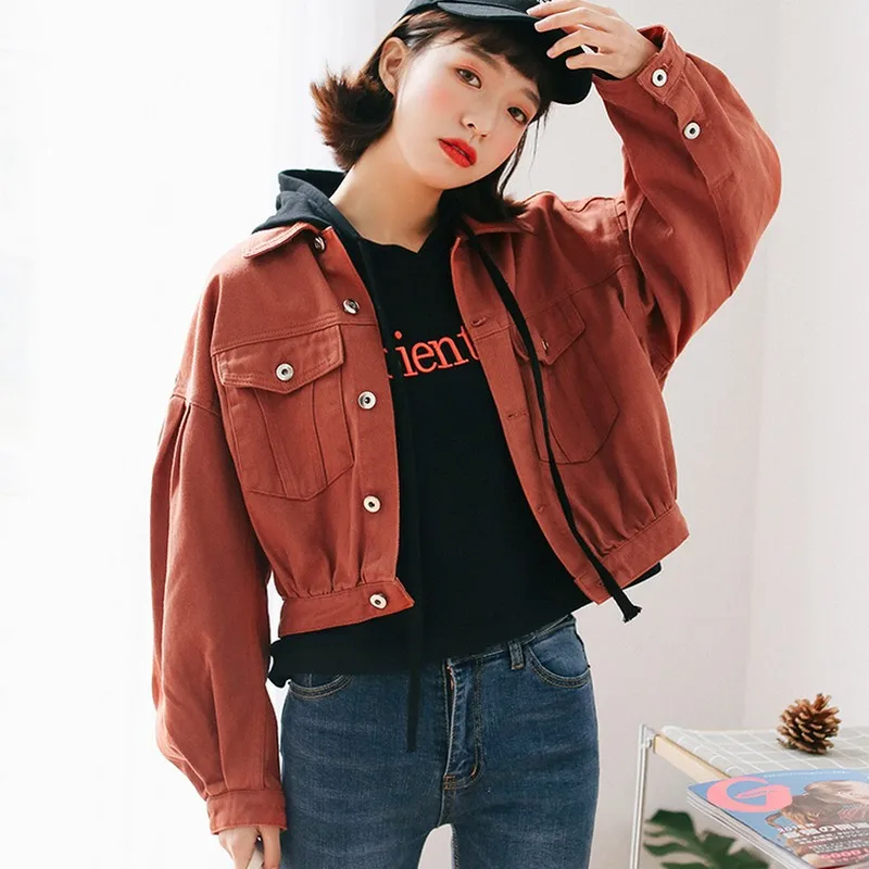 Best  New Fashion Orange Female Jacket Bomber Jackets Jeans Jacket Women Loose Lantern Sleeves Women's De