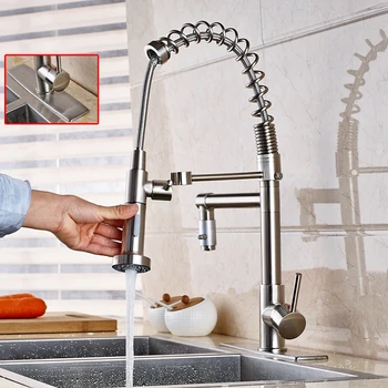 

Spring Pull Down Dual Spouts Nickel Brushed Kitchen Faucet Mixer Tap+Cover Plate